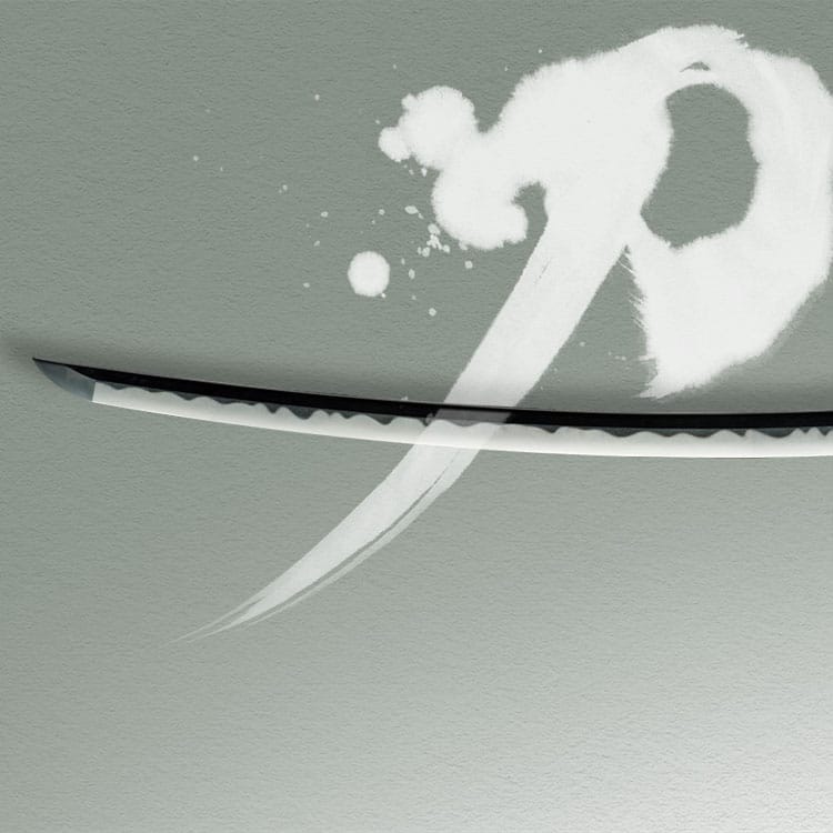 白い筆文字の刀と抜き身の日本刀